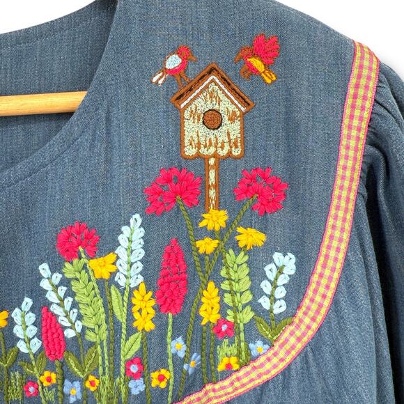 Go Softly Denim Embroidered Bird House Patio Dress Plus Sz 1X Floral Full Zip - Picture 4 of 10